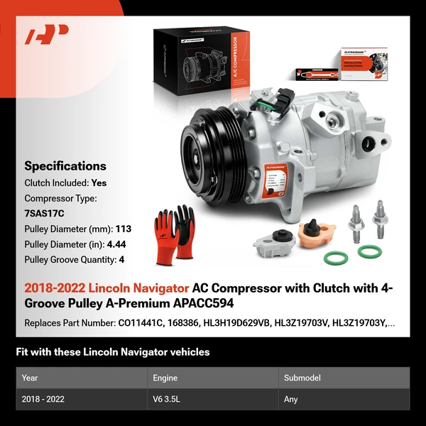2018-2022 Lincoln Navigator AC Compressor with Clutch with 4-Groove Pulley A-Premium APACC594