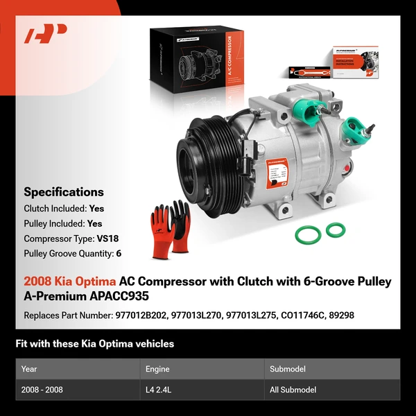 2008 Kia Optima AC Compressor with Clutch with 6-Groove Pulley A-Premium APACC935