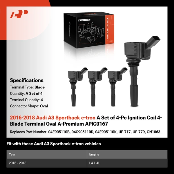 2016-2018 Audi A3 Sportback e-tron A Set of 4-Pc Ignition Coil 4-Blade Terminal Oval A-Premium APIC0167