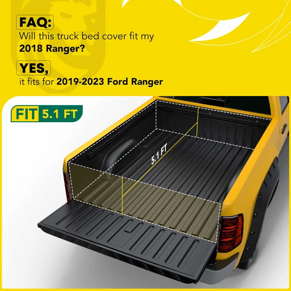 5.1 ft Bed Hard Quad Fold Tonneau Cover with Auto Locking for Ford Ranger 2019-2023