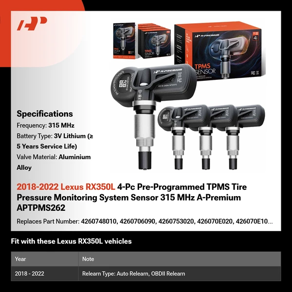 2018-2022 Lexus RX350L 4-Pc Pre-Programmed TPMS Tire Pressure Monitoring System Sensor 315 MHz A-Premium APTPMS262