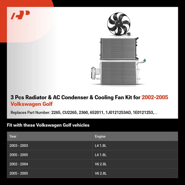 3 Pcs Radiator & AC Condenser & Cooling Fan Kit for 2002-2005 Volkswagen Golf