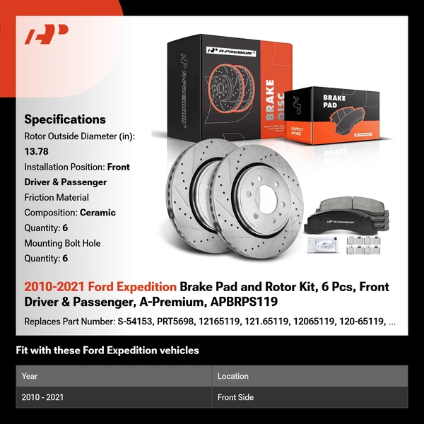 2010-2021 Ford Expedition Brake Pad and Rotor Kit, 6 Pcs, Front Driver & Passenger, A-Premium, APBRPS119