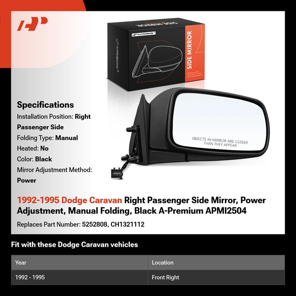 1992-1995 Dodge Caravan Right Passenger Side Mirror, Power Adjustment, Manual Folding, Black A-Premium APMI2504