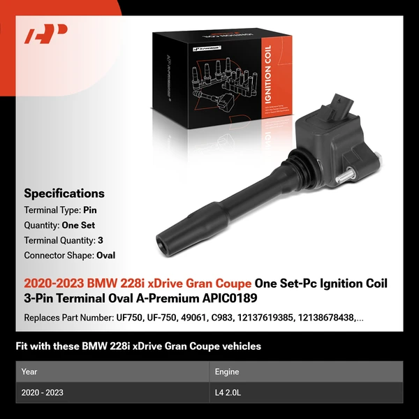2020-2023 BMW 228i xDrive Gran Coupe One Set-Pc Ignition Coil 3-Pin Terminal Oval A-Premium APIC0189