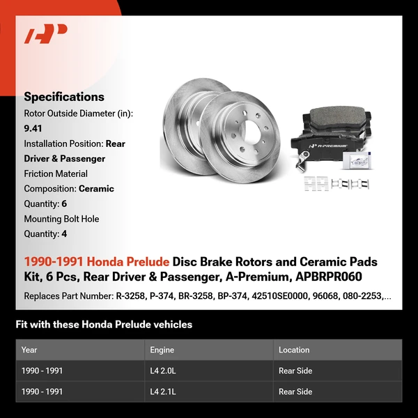 1990-1991 Honda Prelude Disc Brake Rotors and Ceramic Pads Kit, 6 Pcs, Rear Driver & Passenger, A-Premium, APBRPR060