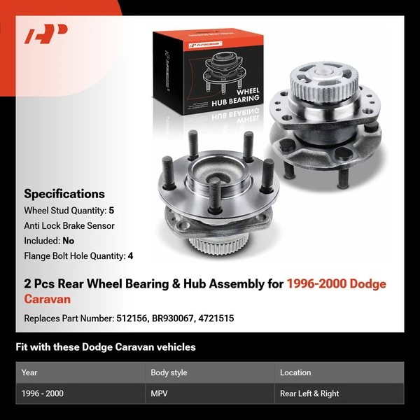 2 Pcs Rear Wheel Bearing & Hub Assembly for 1996-2000 Dodge Caravan