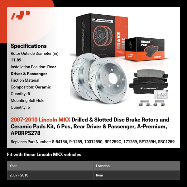 2007-2010 Lincoln MKX Drilled & Slotted Disc Brake Rotors and Ceramic Pads Kit, 6 Pcs, Rear Driver & Passenger, A-Premium, APBRPS278