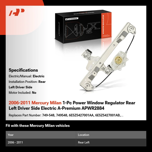 2006-2011 Mercury Milan 1-Pc Power Window Regulator Rear Left Driver Side Electric A-Premium APWR2884