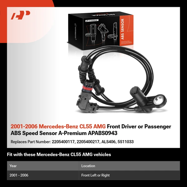 2001-2006 Mercedes-Benz CL55 AMG Front Driver or Passenger ABS Speed Sensor A-Premium APABS0943