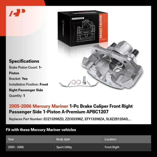 2005-2006 Mercury Mariner 1-Pc Brake Caliper Front Right Passenger Side 1-Piston A-Premium APBC1207