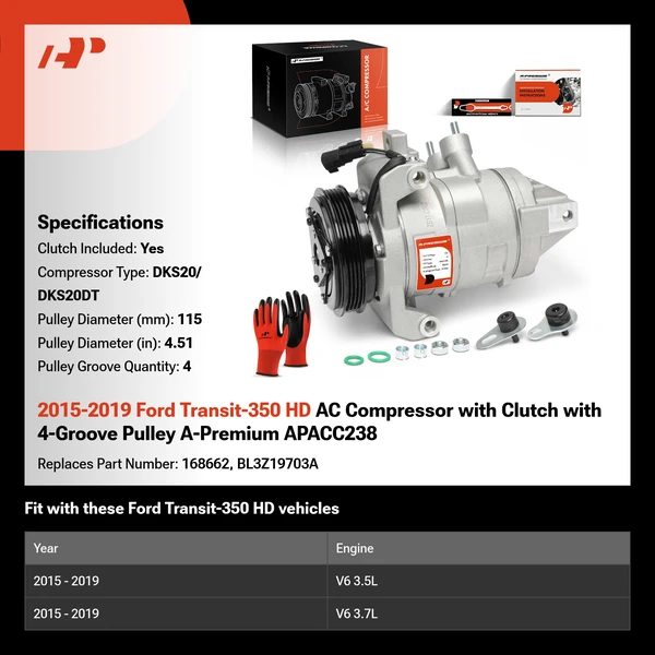 2015-2019 Ford Transit-350 HD AC Compressor with Clutch with 4-Groove Pulley A-Premium APACC238