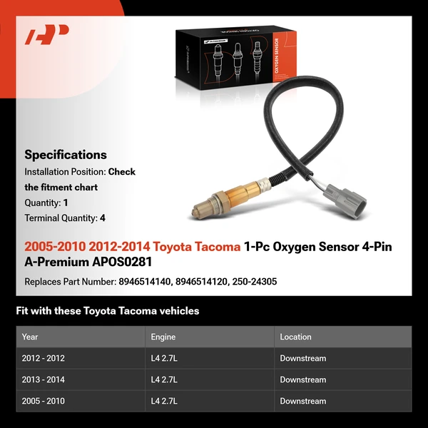 2005-2010 2012-2014 Toyota Tacoma 1-Pc Oxygen Sensor 4-Pin A-Premium APOS0281