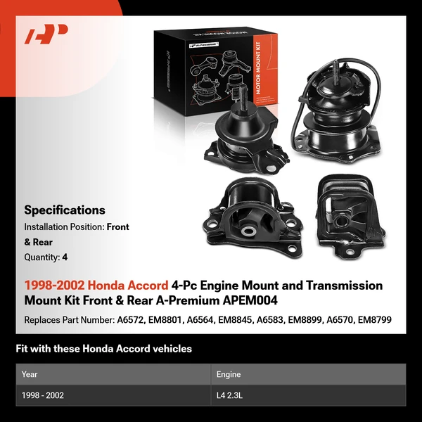 1998-2002 Honda Accord 4-Pc Engine Mount and Transmission Mount Kit Front & Rear A-Premium APEM004
