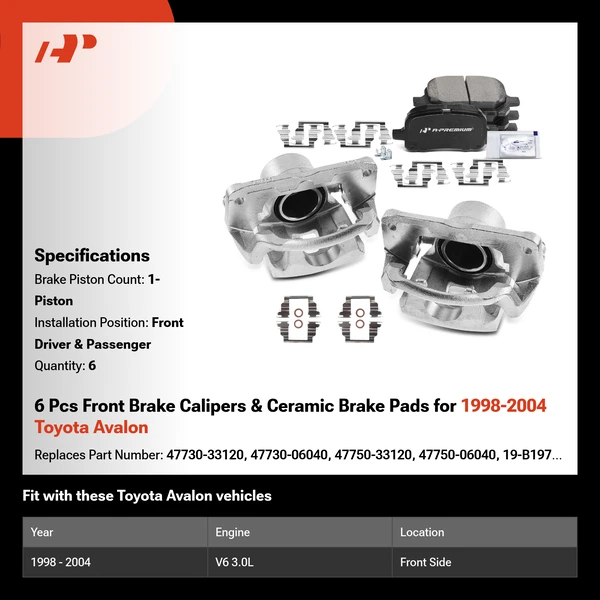 6 Pcs Front Brake Calipers & Ceramic Brake Pads for 1998-2004 Toyota Avalon