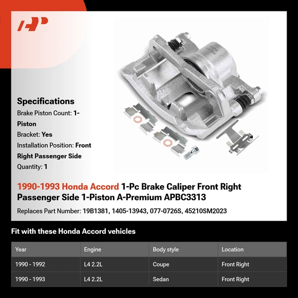 1990-1993 Honda Accord 1-Pc Brake Caliper Front Right Passenger Side 1-Piston A-Premium APBC3313