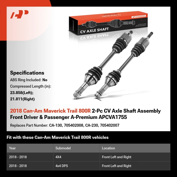 2018 Can-Am Maverick Trail 800R 2-Pc CV Axle Shaft Assembly Front Driver & Passenger A-Premium APCVA1755