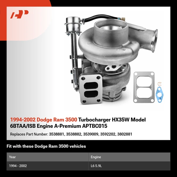 1994-2002 Dodge Ram 3500 Turbocharger HX35W Model 6BTAA/ISB Engine A-Premium APTBC015