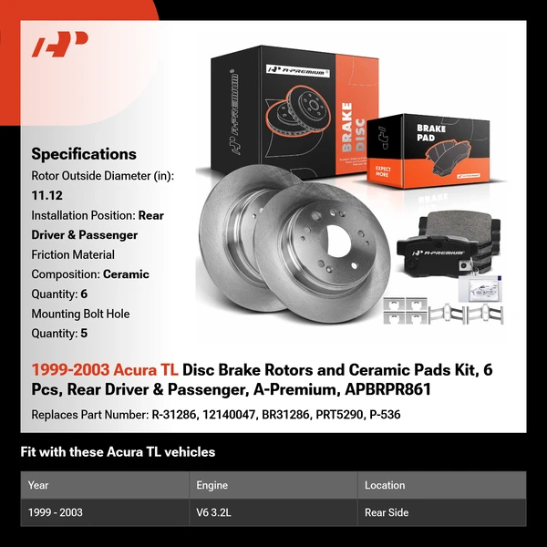 1999-2003 Acura TL Disc Brake Rotors and Ceramic Pads Kit, 6 Pcs, Rear Driver & Passenger, A-Premium, APBRPR861