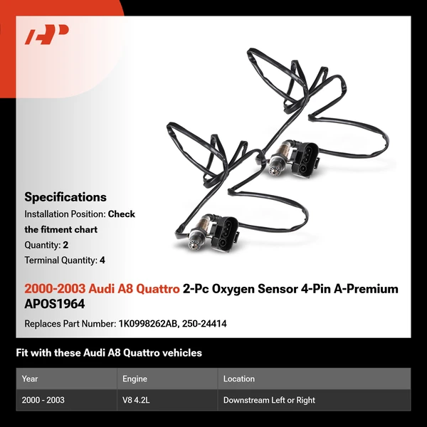 2000-2003 Audi A8 Quattro 2-Pc Oxygen Sensor 4-Pin A-Premium APOS1964