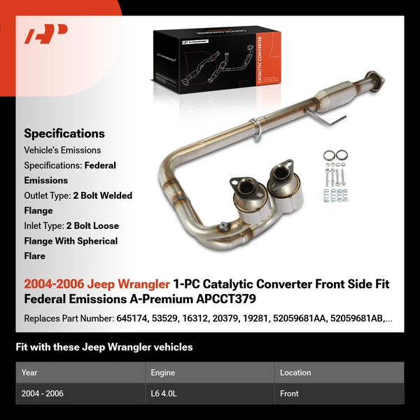 2004-2006 Jeep Wrangler 1-PC Catalytic Converter Front Side Fit Federal Emissions A-Premium APCCT379