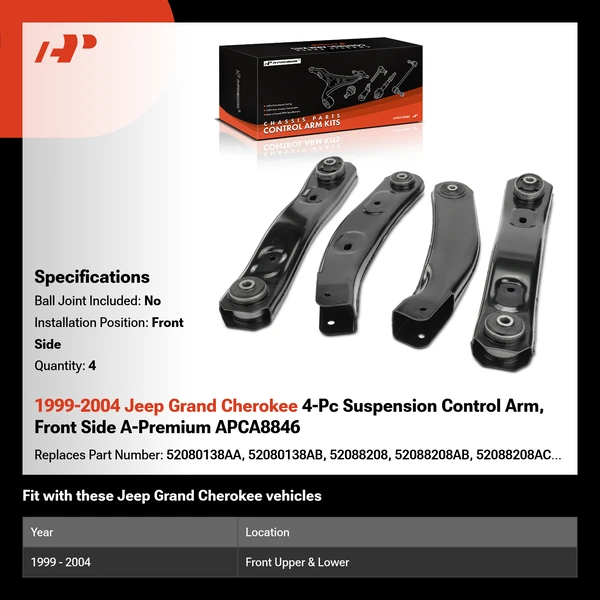 1999-2004 Jeep Grand Cherokee 4-Pc Suspension Control Arm, Front Side A-Premium APCA8846