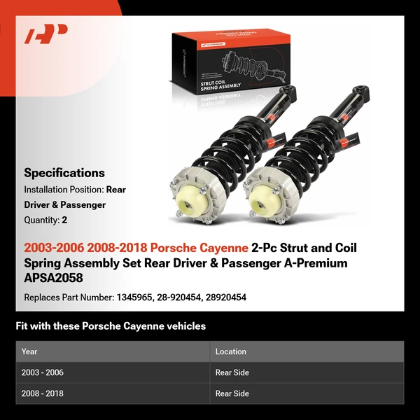 2003-2006 2008-2018 Porsche Cayenne 2-Pc Strut and Coil Spring Assembly Set Rear Driver & Passenger A-Premium APSA2058