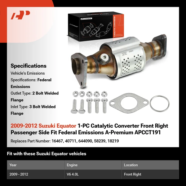 2009-2012 Suzuki Equator 1-PC Catalytic Converter Front Right Passenger Side Fit Federal Emissions A-Premium APCCT191