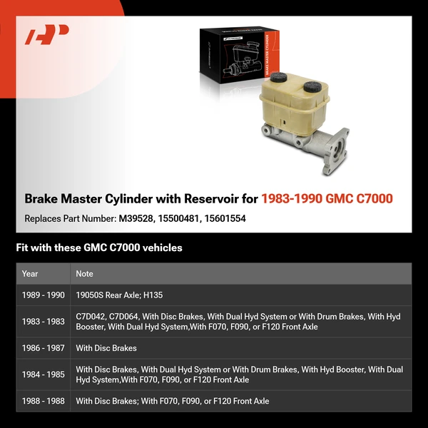 Brake Master Cylinder with Reservoir for 1983-1990 GMC C7000