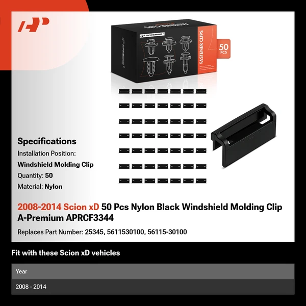 2008-2014 Scion xD 50 Pcs Nylon Black Windshield Molding Clip A-Premium APRCF3344