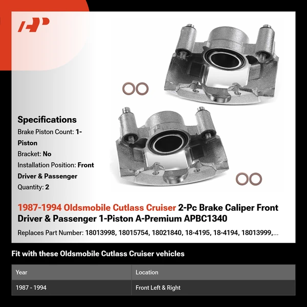 1987-1994 Oldsmobile Cutlass Cruiser 2-Pc Brake Caliper Front Driver & Passenger 1-Piston A-Premium APBC1340