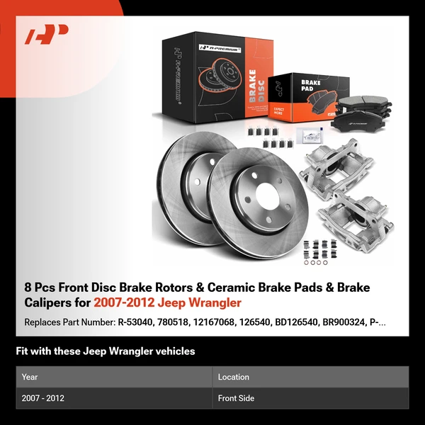 8 Pcs Front Disc Brake Rotors & Ceramic Brake Pads & Brake Calipers for 2007-2012 Jeep Wrangler