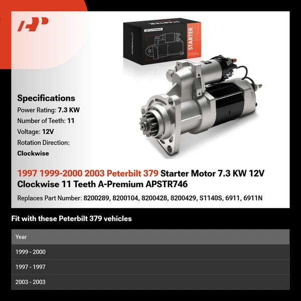1997 1999-2000 2003 Peterbilt 379 Starter Motor 7.3 KW 12V Clockwise 11 Teeth A-Premium APSTR746