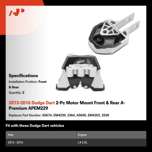 2013-2016 Dodge Dart 2-Pc Motor Mount Front & Rear A-Premium APEM229