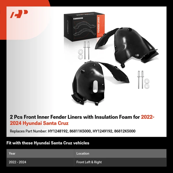 2 Pcs Front Inner Fender Liners with Insulation Foam for 2022-2024 Hyundai Santa Cruz