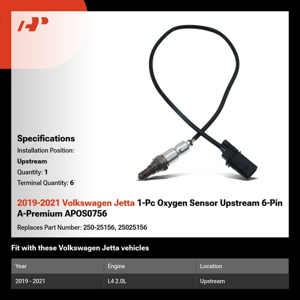 2019-2021 Volkswagen Jetta 1-Pc Oxygen Sensor Upstream 6-Pin A-Premium APOS0756