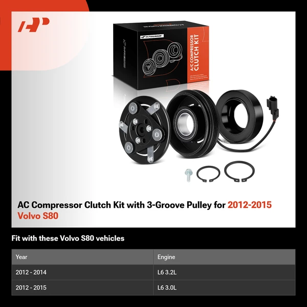 AC Compressor Clutch Kit with 3-Groove Pulley for 2012-2015 Volvo S80