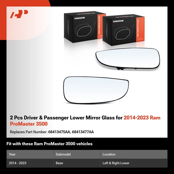 2 Pcs Driver & Passenger Lower Mirror Glass for 2014-2023 Ram ProMaster 3500