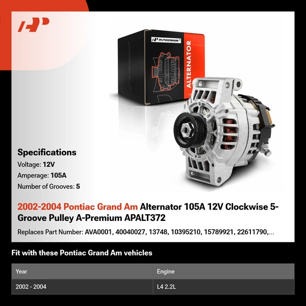 2002-2004 Pontiac Grand Am Alternator 105A 12V Clockwise 5-Groove Pulley A-Premium APALT372