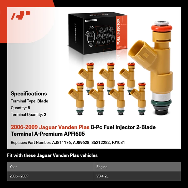 2006-2009 Jaguar Vanden Plas 8-Pc Fuel Injector 2-Blade Terminal A-Premium APFI605