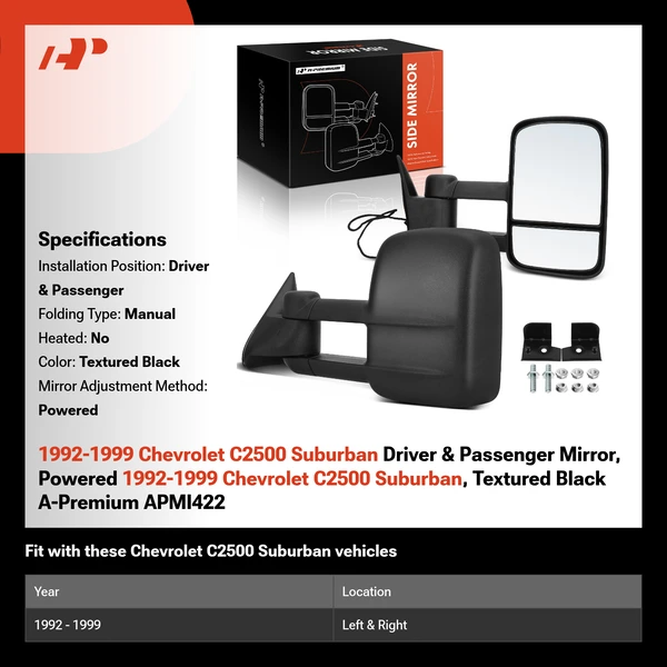 1992-1999 Chevrolet C2500 Suburban Driver & Passenger Mirror, Powered 1992-1999 Chevrolet C2500 Suburban, Textured Black A-Premium APMI422