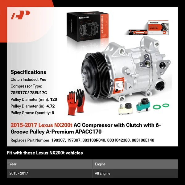 2015-2017 Lexus NX200t AC Compressor with Clutch with 6-Groove Pulley A-Premium APACC170