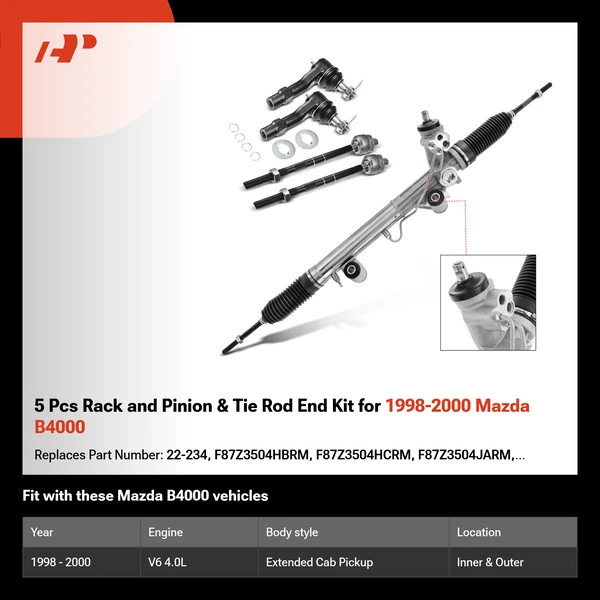 5 Pcs Rack and Pinion & Tie Rod End Kit for 1998-2000 Mazda B4000