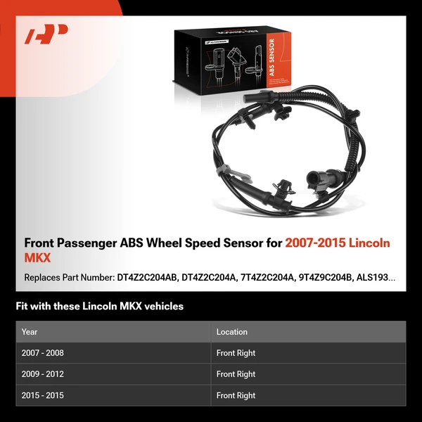 Front Passenger ABS Wheel Speed Sensor for 2007-2015 Lincoln MKX