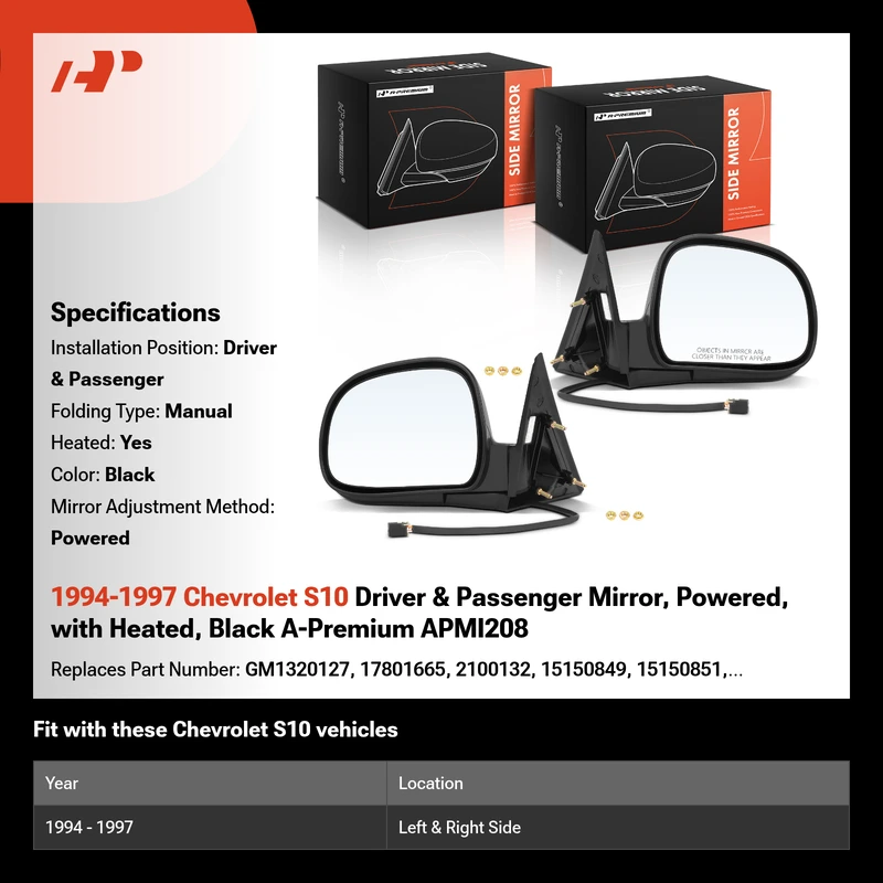 1994-1997 Chevrolet S10 Driver & Passenger Mirror, Powered, with Heated, Black A-Premium APMI208