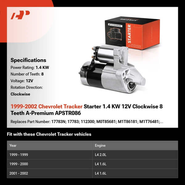 1999-2002 Chevrolet Tracker Starter 1.4 KW 12V Clockwise 8 Teeth A-Premium APSTR086