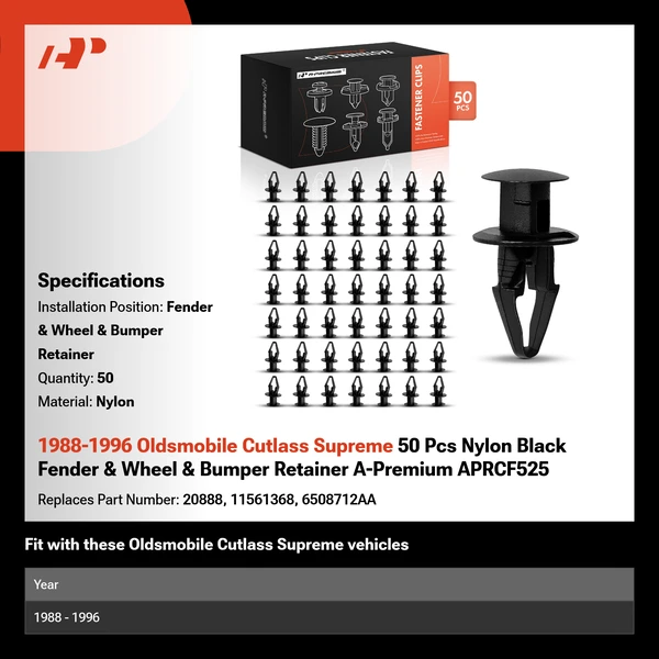 1988-1996 Oldsmobile Cutlass Supreme 50 Pcs Nylon Black Fender & Wheel & Bumper Retainer A-Premium APRCF525