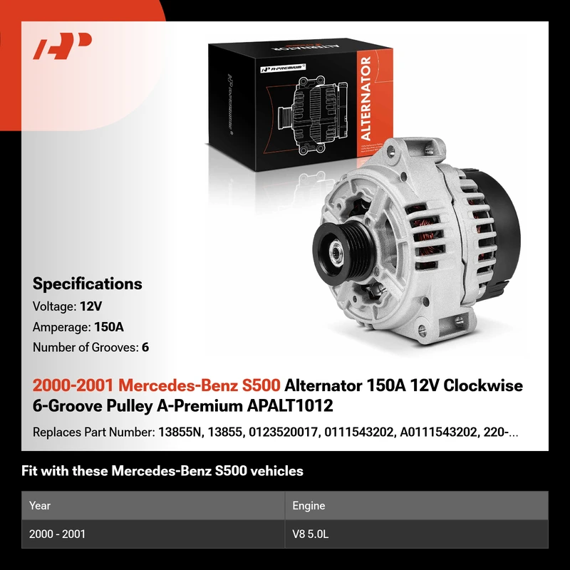 2000-2001 Mercedes-Benz S500 Alternator 150A 12V Clockwise 6-Groove Pulley A-Premium APALT1012