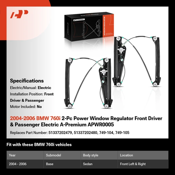 2004-2006 BMW 760i 2-Pc Power Window Regulator Front Driver & Passenger Electric A-Premium APWR0005