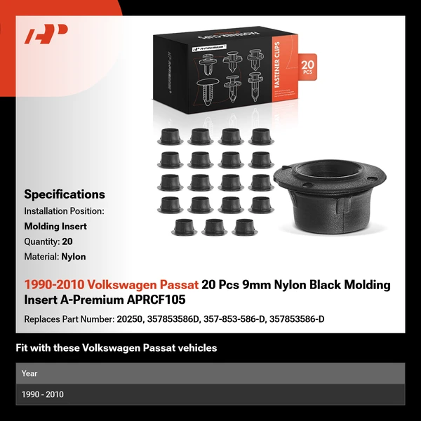 1990-2010 Volkswagen Passat 20 Pcs 9mm Nylon Black Molding Insert A-Premium APRCF105